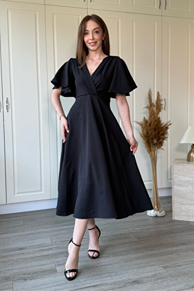 Dilay Gökoğlu Butik V-Neck Ruffled Midi Dress with Flounce Sleeves