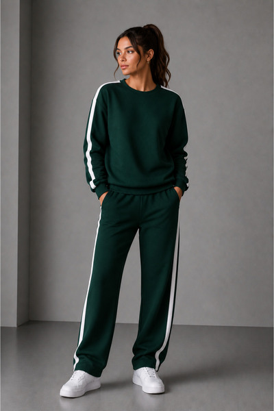 EYAX MODA Women's Striped Detail Circular Necklace Sweat Suit
