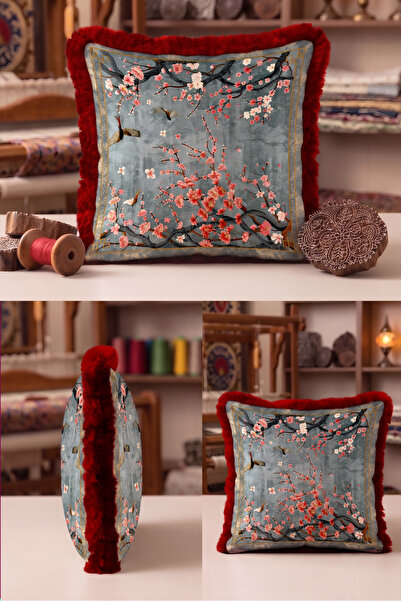 Evimde Bambaşka Japanese Floral Pattern Peony Fringed Pillowcase - Far East B...