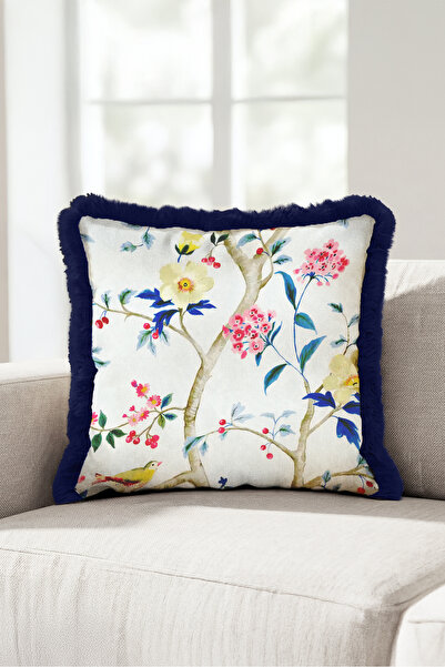 Evimde Bambaşka Elegant Fringed Pillowcase with Floral and Bird Spring Patter...