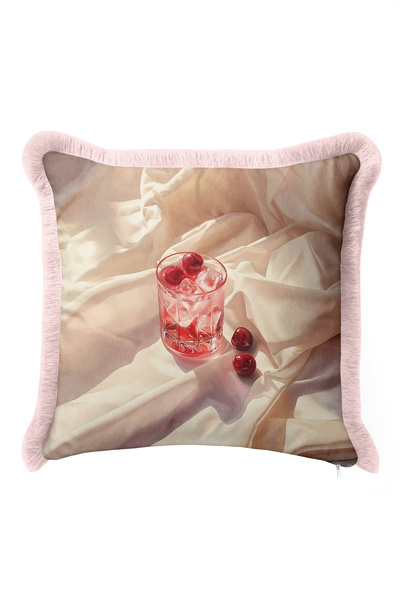 Evimde Bambaşka Still Life with Cherries Pastel Velvet Fringed Pillowcase-Fru...