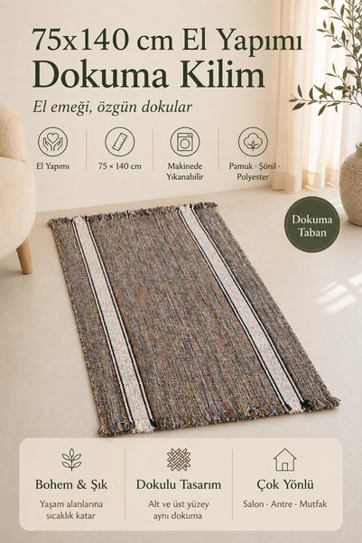 Fabrix Home 75x140 cm El Yapımı Dokuma Kilim Renkli Pamuk Şönil Polyester Yık...