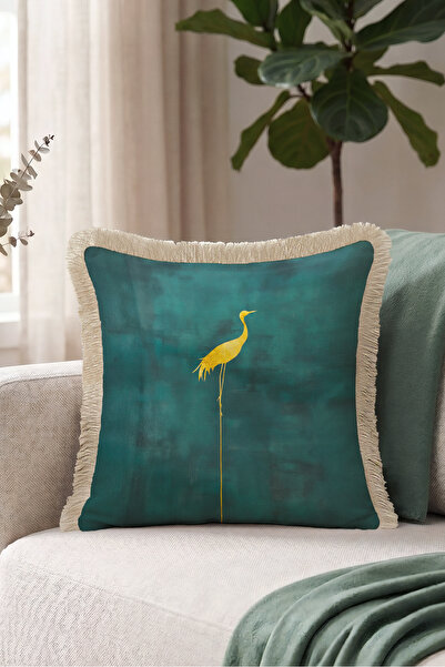 Evimde Bambaşka Emerald Gold Fringed Pillowcase with Bird Figure - Crane Them...