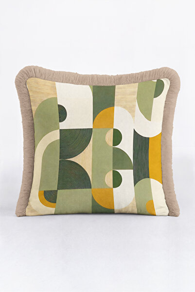 Evimde Bambaşka Geometric Abstract Design Fringed Pillowcase - Artistic Bohem...