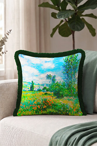 Evimde Bambaşka Landscape Flower Field Artistic Fringed Pillowcase - Blue Gre...