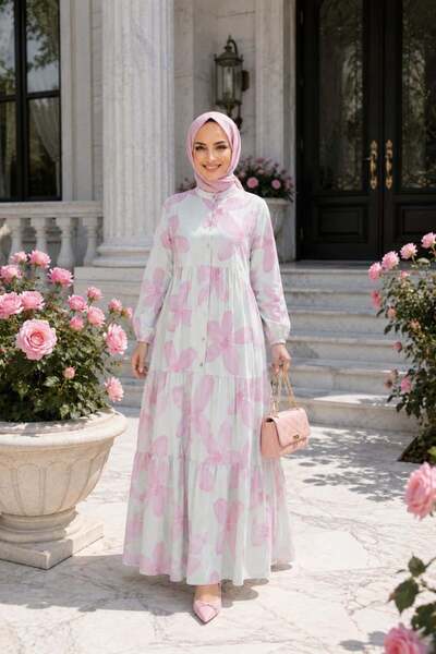 Hb Harma Time Butik فستان نسائي وردي اللون بأزرار ونقشة مودال