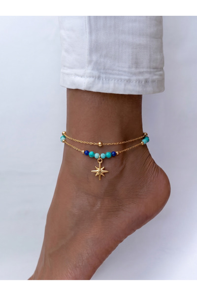 Esdem Accessories Altın Sarısı Çift Sıra Mavi Boncuklu Kuzey Yıldızı Halhal
