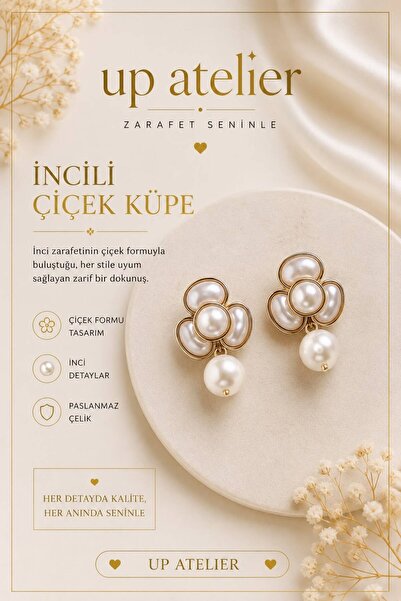 Up Atelier Gold Detailed Pearl Flower Earrings
