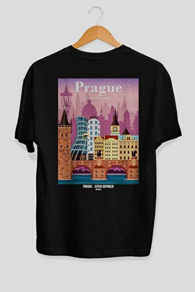 Ankhises Πράγα Τσεχία Μαύρο Oversize Country City T-shirt με στάμπα στην πλάτ...