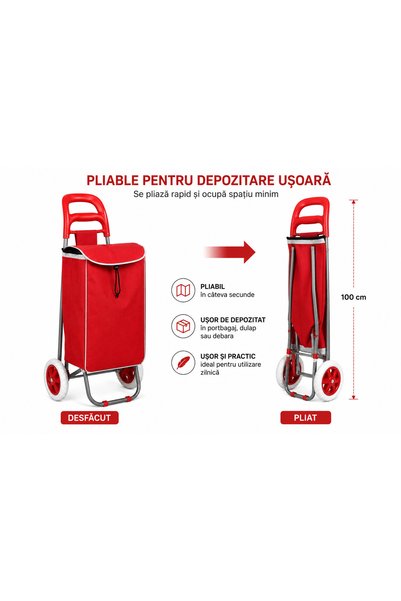 OEM Cărucior de cumpărături pliabil 35 L, roți 15 cm, cadru metalic, sac textil impermeabil, capac de protecție, roșu
