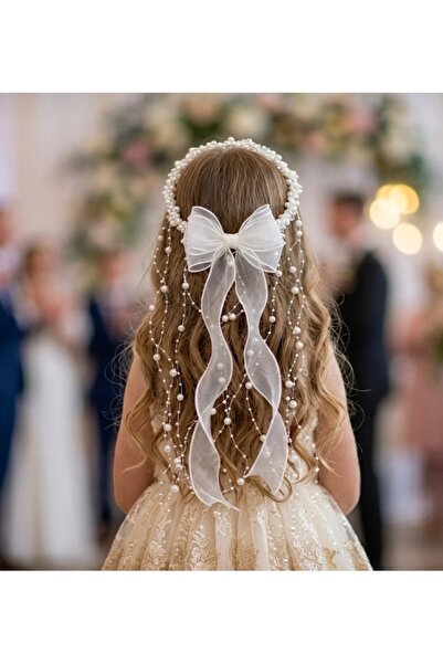 florista atelier Sarkıt incili tül fiyonklu çocuk prenses tacı