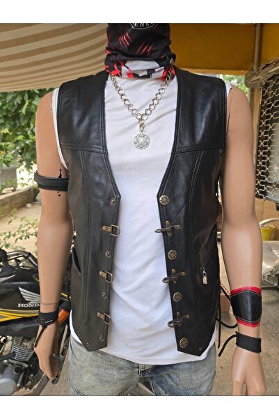 ArdaStilDeri Genuine Leather Large Button Hook Detail Biker Leather Vest