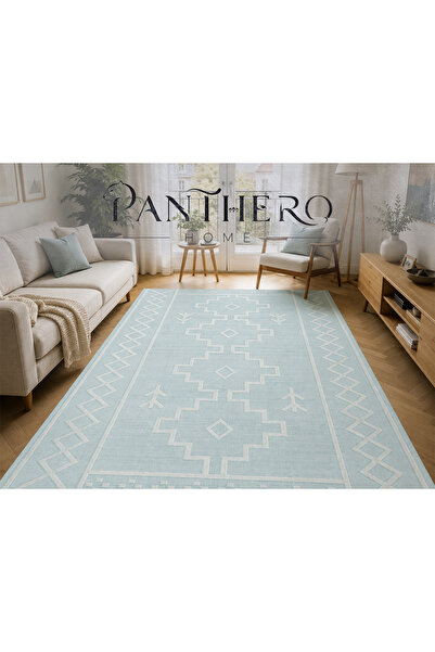 Panthero Home Buz Mavisi Geometrik Kilim Desenli Kaymaz Taban Süngerli Yıkana...