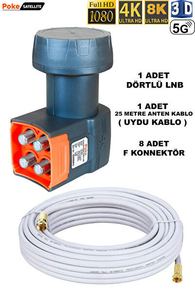 Poke 25 Metre Uydu Kablosu Dörtlü Çıkış 4k Full Hd 3d 4 Lü Lnb F Konnektör Po...