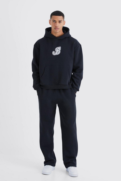 LUMSHİNE B Logo Tracksuit Set - Black Printed Set Jogger Sweatshirt Wide Leg ...