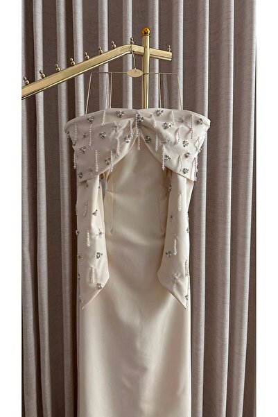 CACHE MONNEY Off Shoulder Evening Dress with Pearl and Crystal Embellishments