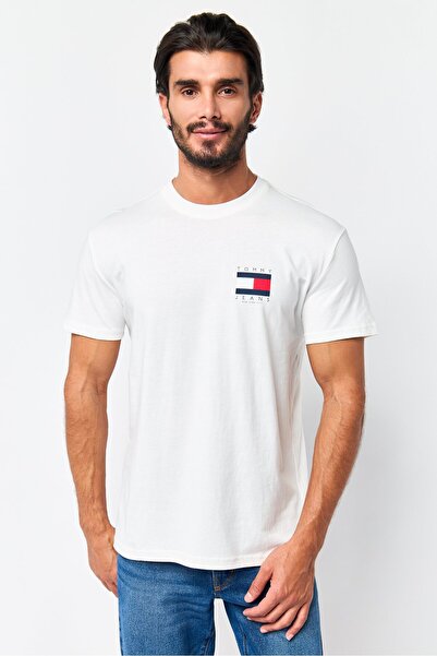 Tommy Hilfiger Tommy Jeans Men Crew Neck Short Sleeve Brand Logo T-Shirt, White
