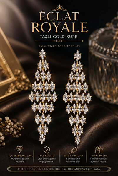 Majestia Éclat Royale Taşlı Gold Küpe – Işıltılı Zirkon Taşlı Uzun Kadın Küpe...
