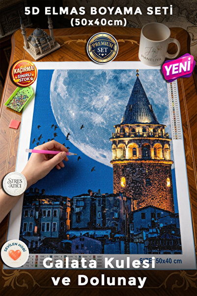 Haneliya Galata Kulesi Dolunay İstanbul - 5D Elmas Boyama Mozaik Tablo Hobi Seti
