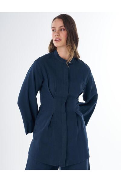 KYR Pens Detailed Cotton Linen Tunic Dark Navy Blue