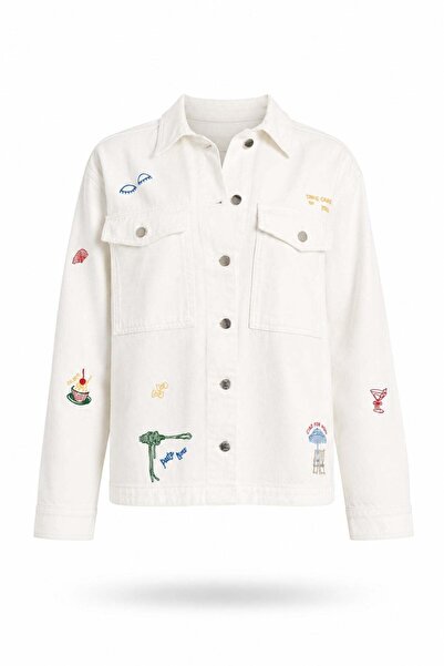 5in1Canpolat Ecru Embroidery Detailed Oversized Denim Jacket