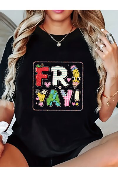 NOURAM تي شيرت نسائي كاجوال برقبة دائرية مع طباعة "FREYAY!" تي شيرت مطبوع بأك...