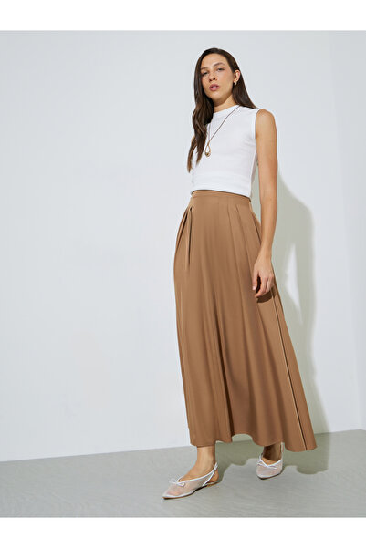 Styli Khaki Fold Pleated A-Line Maxi Skirt