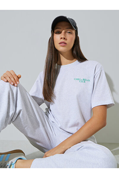 Styli Grey Oversized Slogan Print Cotton Blend T-Shirt