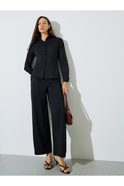 Styli Black Solid Tie-Waist Shirt and Trousers Co-ord Set