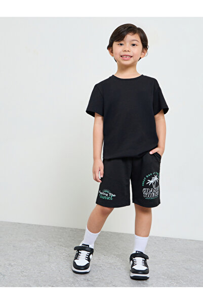 Styli Boys Black Terry Shorts With Beach Print