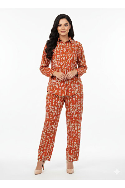 RIZQE Ancient Script Co-ord Set | Rizqé Orange Print Long Sleeve Shirt and Tr...