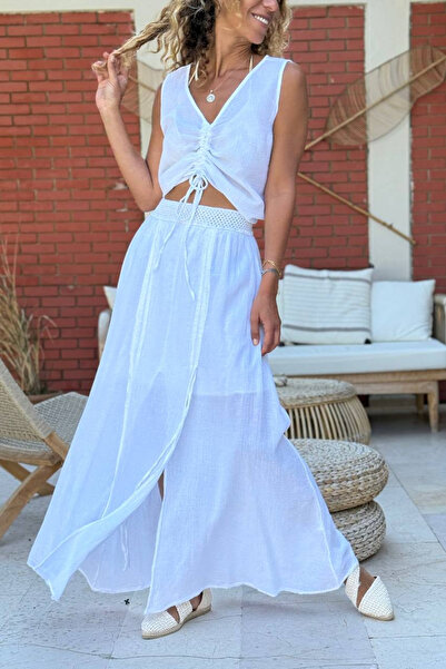 Güneşkızı White Lined Slit Gathered Cotton Woven Flared Skirt 100 30