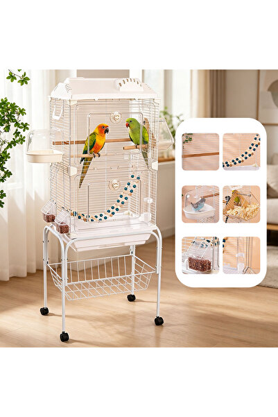KidLe Bird Cage Parrot Cage with Wheels Tray & Feeding Bowls and Wooden Perches