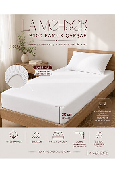 LA MEHSER 100% Cotton Combed Breathable Fabric White Elastic Bed Sheet