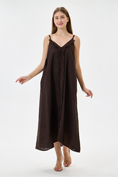 della moor Brown Italian 100% Linen Long Linen Dress with Tassels and Adjusta...