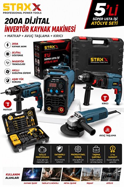 STAXX POWER 5'li Süper Usta İşi Atölye Seti | 200A Dijital İnvertör Kaynak Ma...