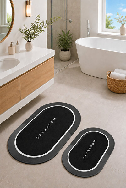 DECOVİST HOME Kaymaz Tabanlı Yıkanabilir 2’li Oval Siyah Banyo Paspası ve Klo...