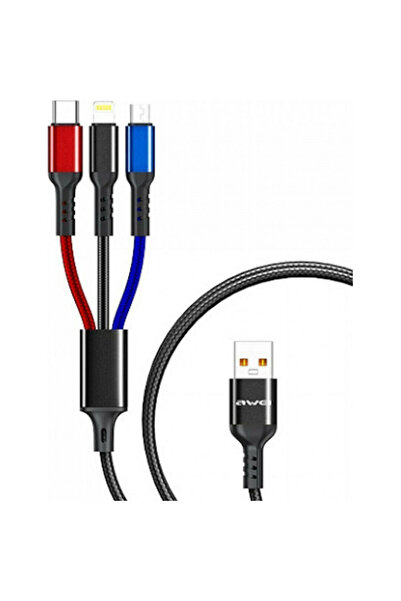 AWEI CL-971 Πλεκτό καλώδιο USB σε micro USB / Type-C / Lightning 2.4A Μαύρο 1...