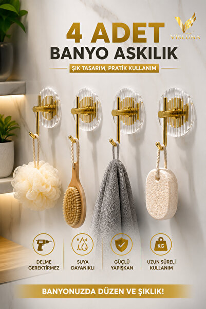 VİSLUNA ( 4 Adet ) Gold Renkli Şık Tasarım Yapışkanlı Şeffaf Askılık Banyo Ve...