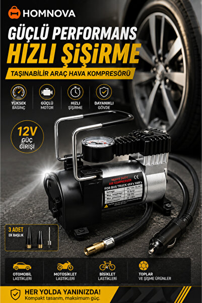 Homnova 12V Araç Hava Kompresörü Lastik Şişirme Pompası 150 PSI Taşınabilir O...