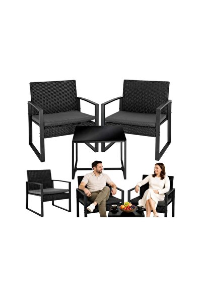 LEAN Set mobilier de grădină din ratan cu măsuță de cafea, 2 scaune, negru, 2...