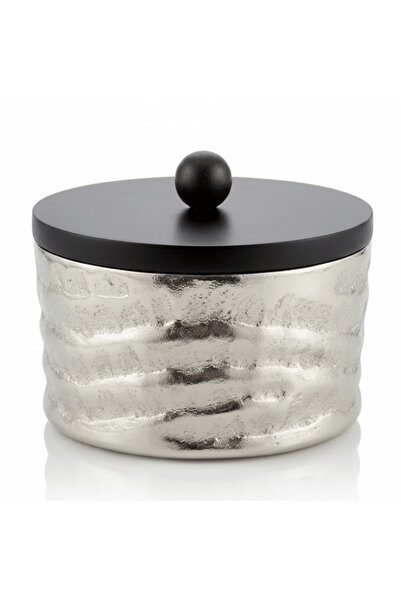 AKDC Luhpar Silver Wave Textured Aluminum Round Storage Box With Black Wooden...
