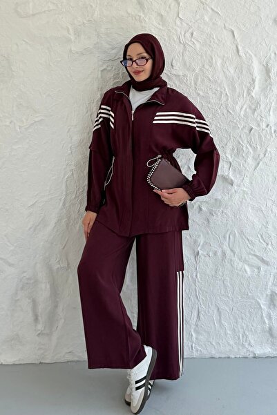 Modaensarbutik Şerit Detaylı Fermuarlı Pantolonlu Tesettür Takım-BORDO