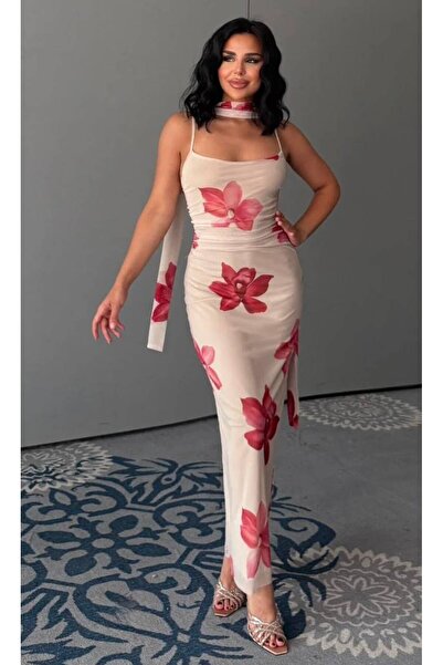 Olbia Women's Beige Red Floral Scarf Long Tulle Dress with Drawstring Straps