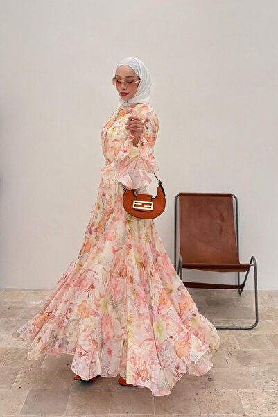 fushya design Pastel Çiçek Desenli Volan Kollu Kemerli Elbise