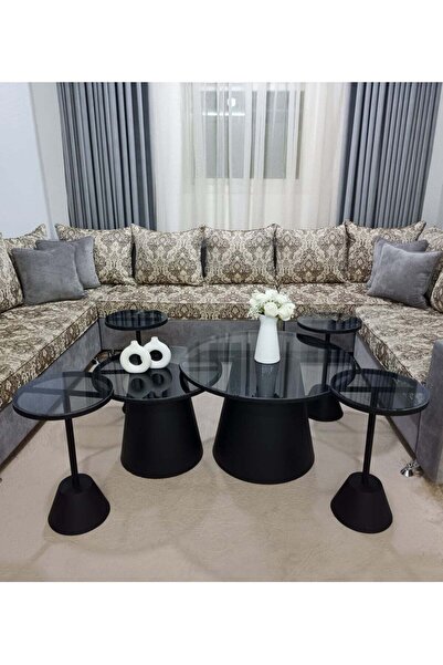 Bareeq Al Ostoura Coffee Table Set 6 Pieces Glass Top Black Color