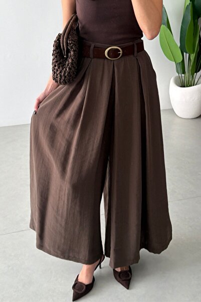 Suziş Brown Suede Belted Wide-Leg Pants Per51354