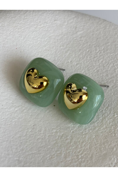 BHR AKSESUAR Green Gold Heart Tiny Square Earrings (1.7 cm)