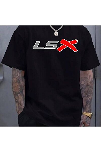 KYMC07 Men's casual short-sleeved T-shirt-black with bold "LSX" pattern print...