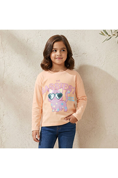 Juniors Crew Neck Long Sleeves T-shirt with Cat Print